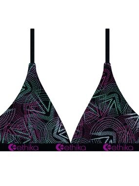 ethika "Upscale" Black Triangle Bralette with Teal & Purple Graphic Print Size M